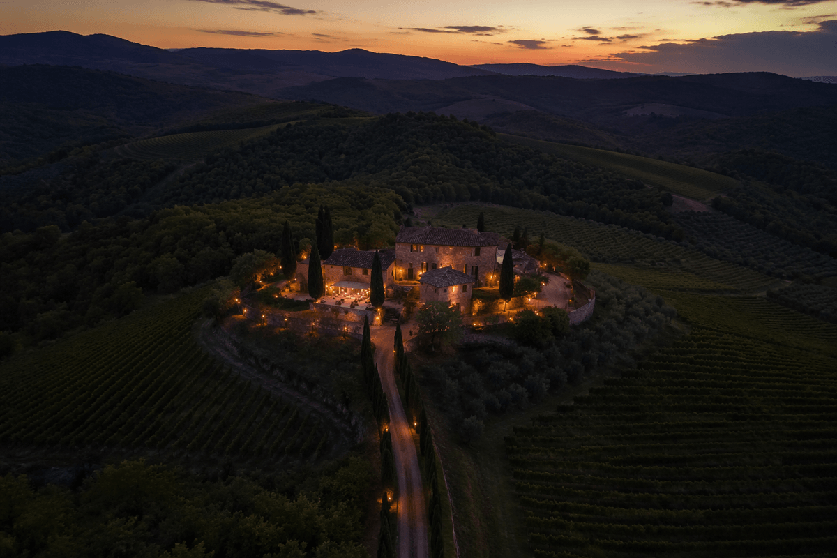 Chianti vineyard estate: wine-soaked, classic Tuscan glamour